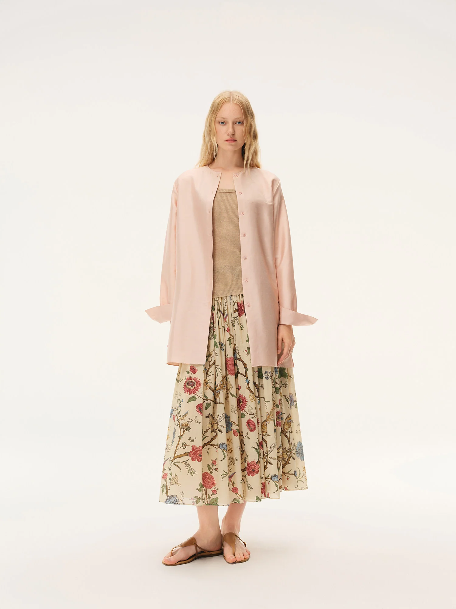 INTO THE EAST Spring/Summer 2026 Floral, Bird, and Tree Patchwork Pleated Loose-fitting Midi Skirt ITE-E1JBSSSK21024NCC-HUA Floral Pattern - Image 12