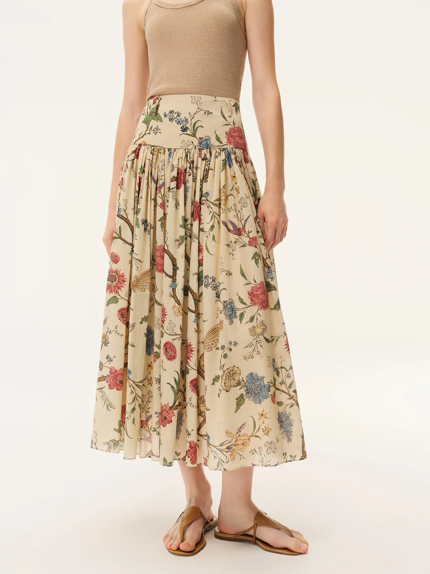 INTO THE EAST Spring/Summer 2026 Floral, Bird, and Tree Patchwork Pleated Loose-fitting Midi Skirt ITE-E1JBSSSK21024NCC-HUA Floral Pattern - Image 8