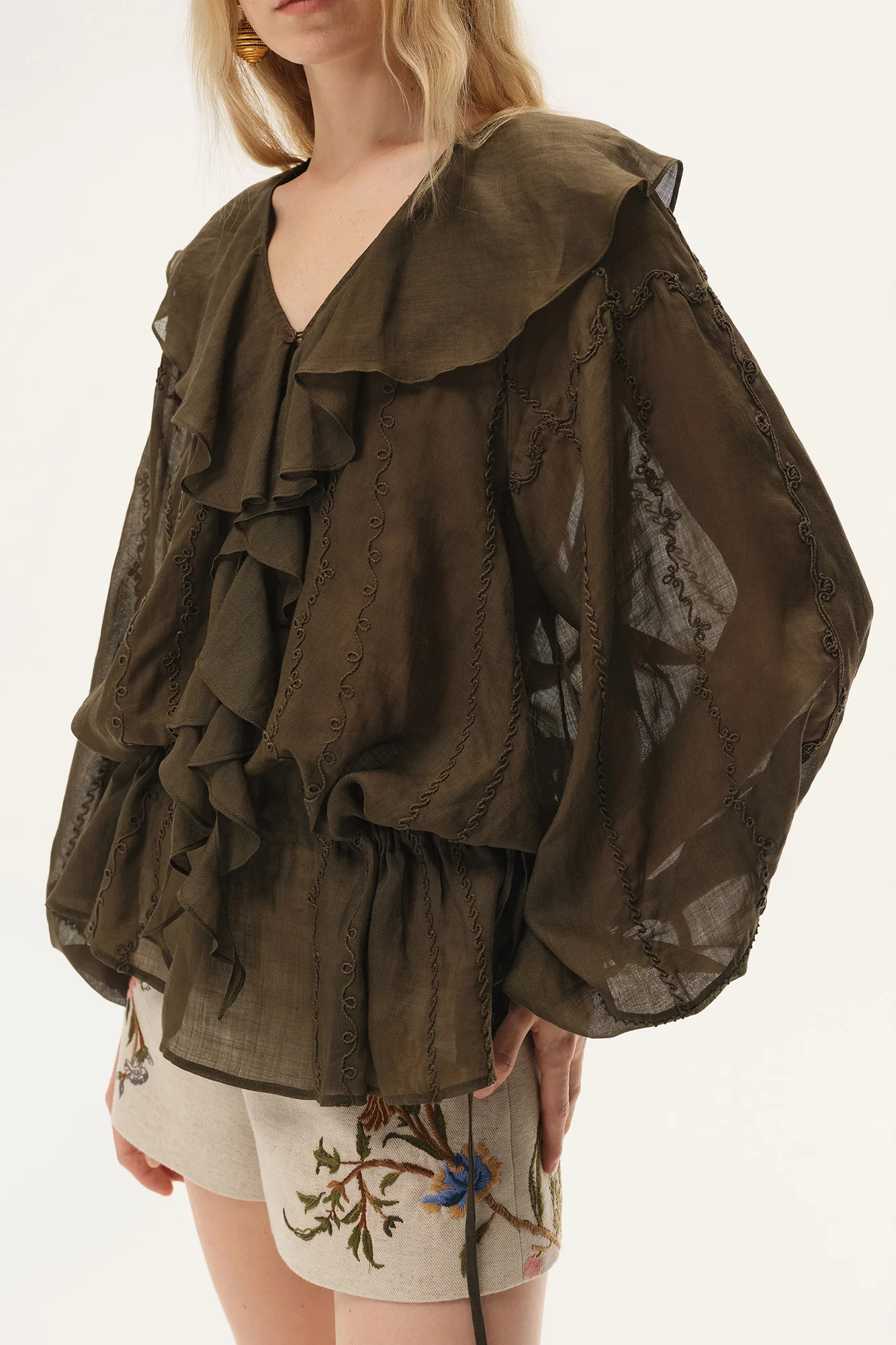 INTO THE EAST Spring/Summer 2026 Lace Collar Embroidered Top ITE-E1JBSSTP22018-GLL Olive Green - Image 2