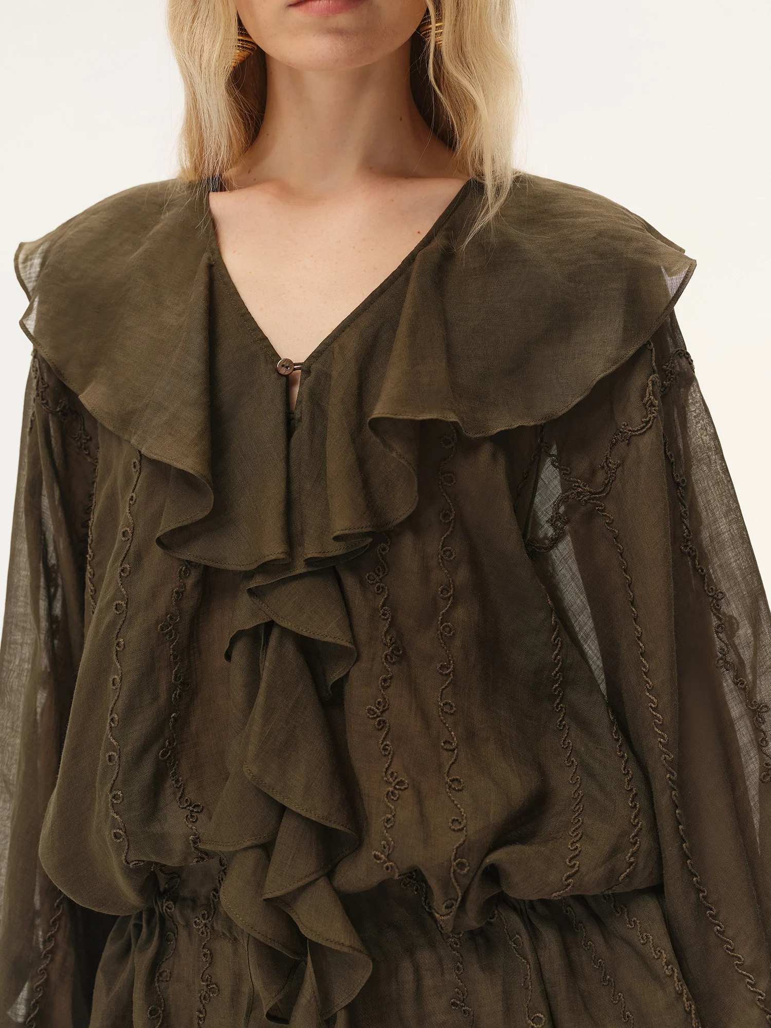 INTO THE EAST Spring/Summer 2026 Lace Collar Embroidered Top ITE-E1JBSSTP22018-GLL Olive Green - Image 3