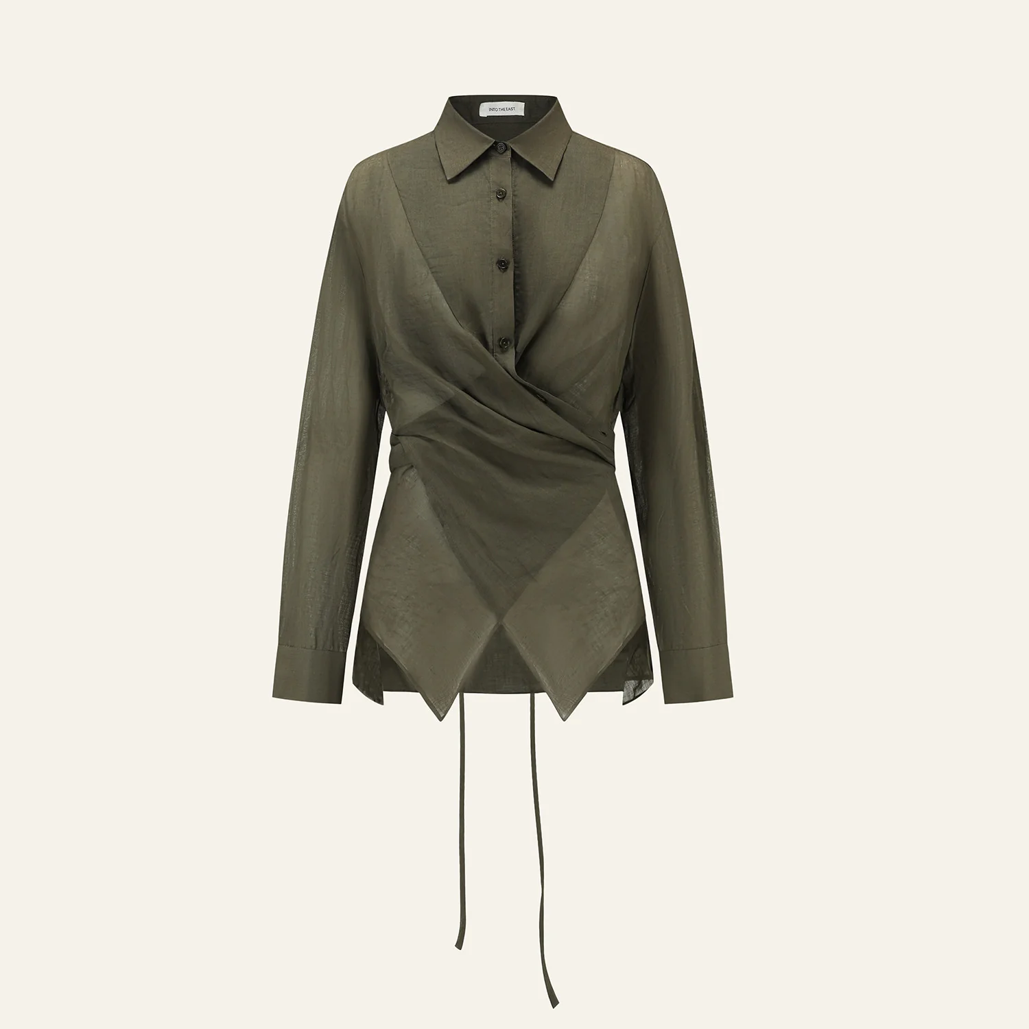 INTO THE EAST Spring/Summer 2026 Olive Green Overlapping Tie Shirt ITE-E1JBSSSH20005-GLL Olive Green - Image 5