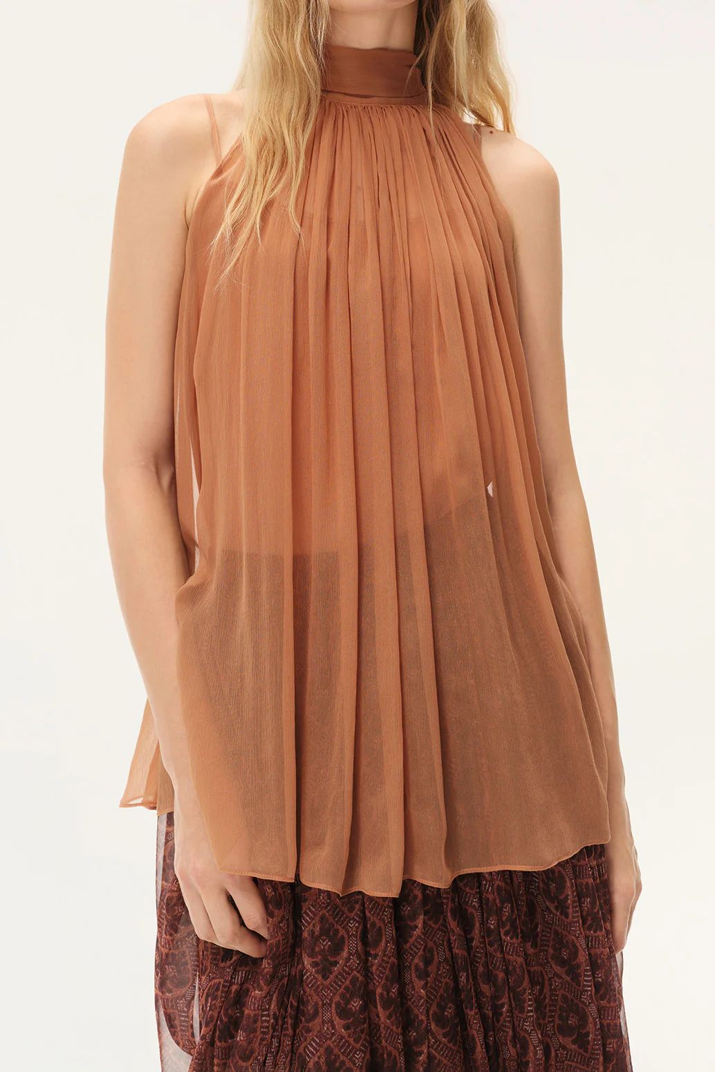 INTO THE EAST Spring/Summer 2026 Sleeveless Top with Flowing Ribbons and Pleats ITE-E1JBSSTP20005LC-SHC Coral Orange