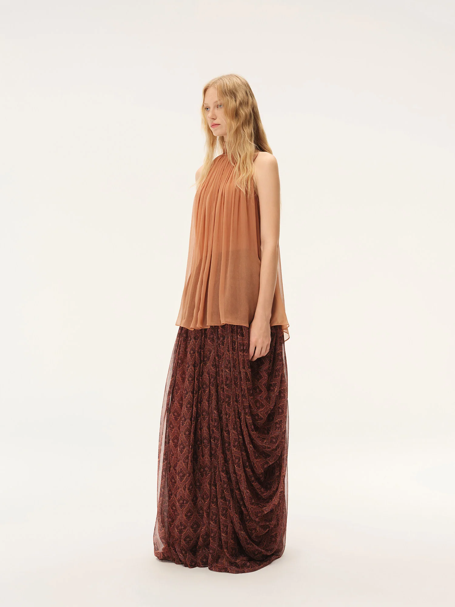INTO THE EAST Spring/Summer 2026 Sleeveless Top with Flowing Ribbons and Pleats ITE-E1JBSSTP20005LC-SHC Coral Orange - Image 3