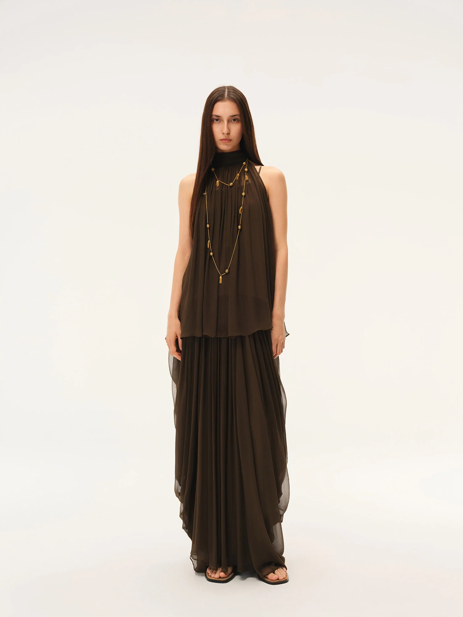 INTO THE EAST Spring/Summer 2026 Sleeveless Top with Flowing Ribbons and Pleats ITE-E1JBSSTP20005OL-GLL Olive Green - Image 3