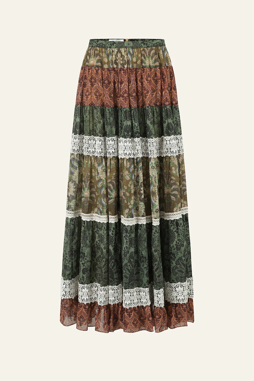 INTO THE EAST Spring/Summer 2026: Square floral patchwork lace maxi skirt ITE-E1JBSSSK21020NCC-HUA Floral pattern