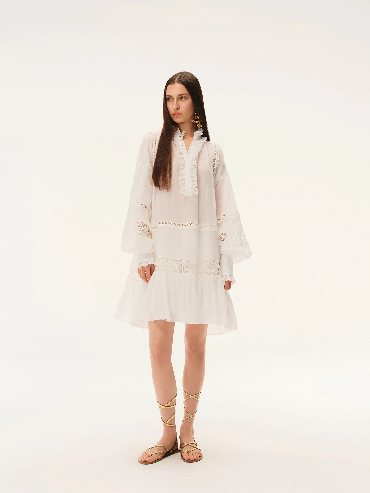 INTO THE EAST Spring/Summer 2026 White Dress with Ruffled Collar and Lace Trim ITE-E1JBSSDS20020WT-BAI White - Image 5