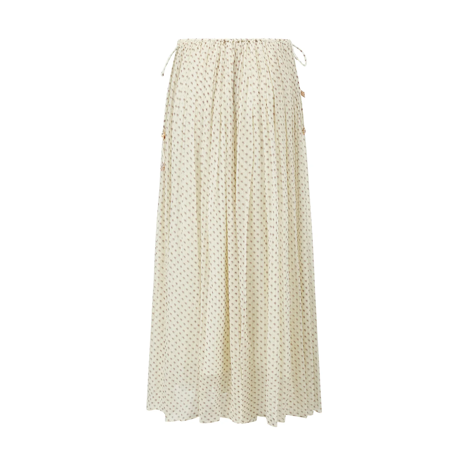 INTO THE EAST White Mini Cashew/Dark Brown Paisley Drawstring Pleated Silk Skirt ITE-E1DGSC026WT21SK-BAI White - Image 6