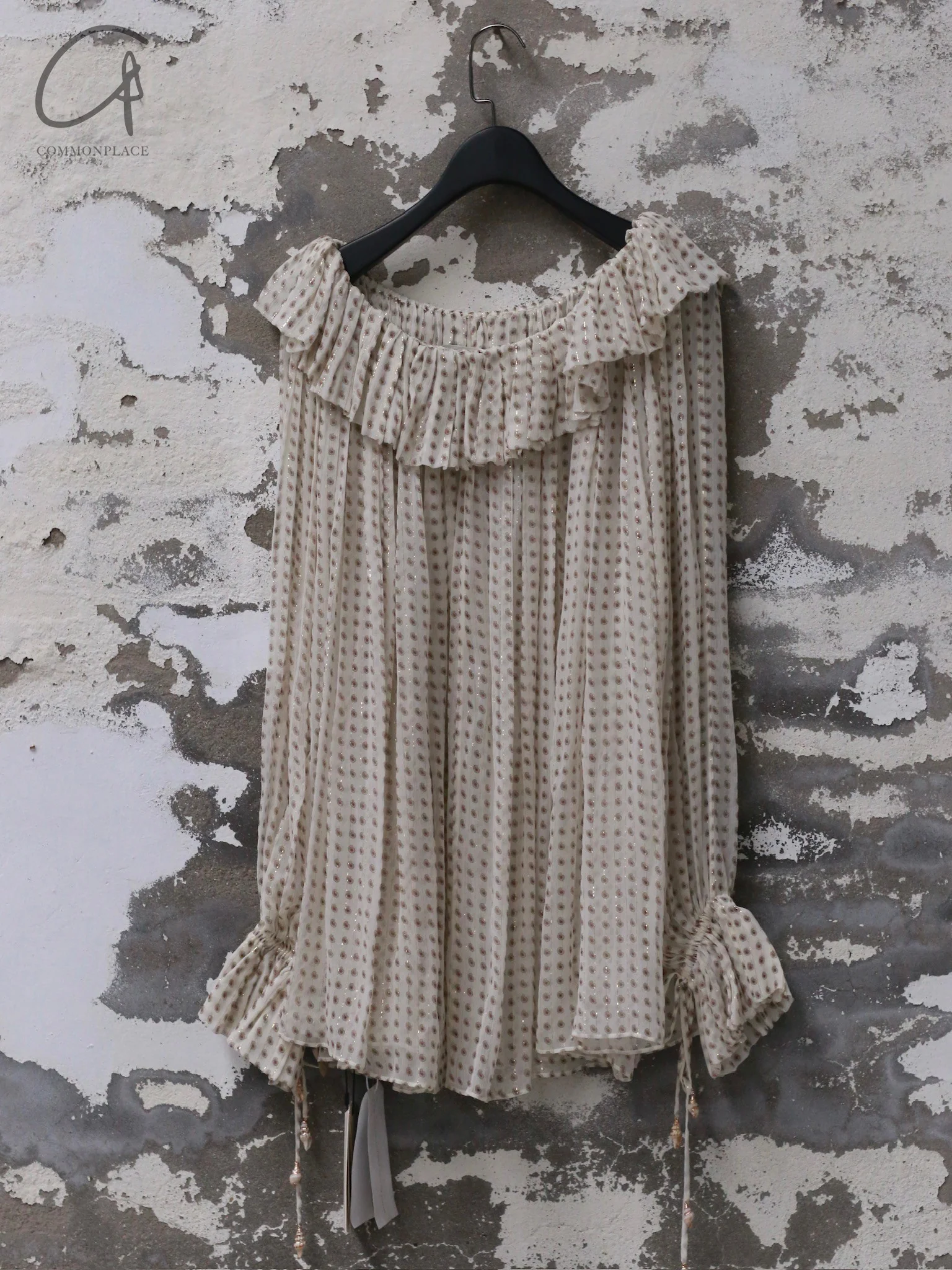 INTO THE EAST White Mini Cashew Ruffle Collar Silk Top Shirt ITE-E1DGSC022WT21TP-BAI White - Image 10