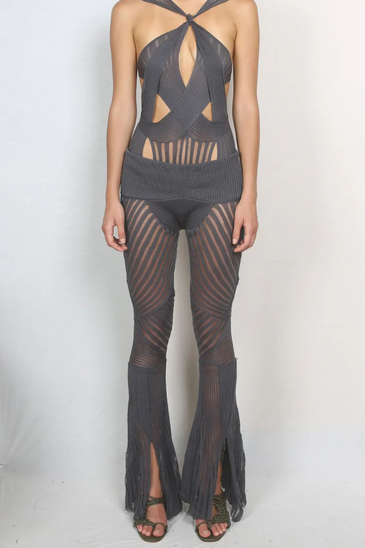 ISA BOULDER Slightly Transparent Spliced Slit Pants IB-WPN96-HJL Blue - Image 5