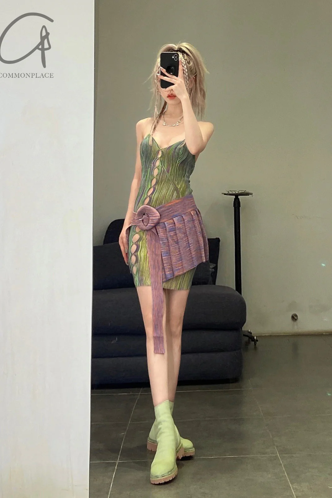 ISA BOULDER Slit Corset Dress Knit Stretch Indonesia IB-SS22K6-ZILV Purple Green - Image 18
