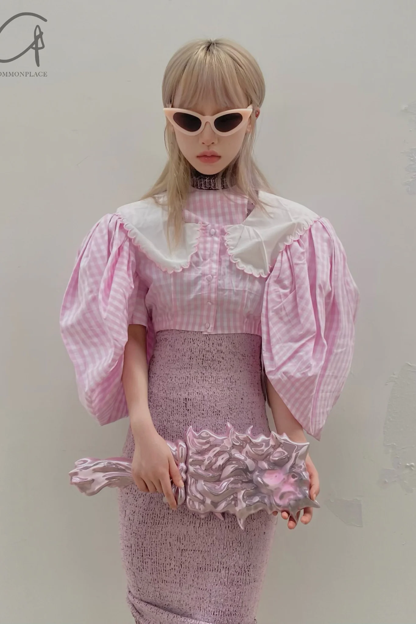 Jennyfax Butterfly Sleeve Checkered Top JFSS22B05 Light Pink - Image 6