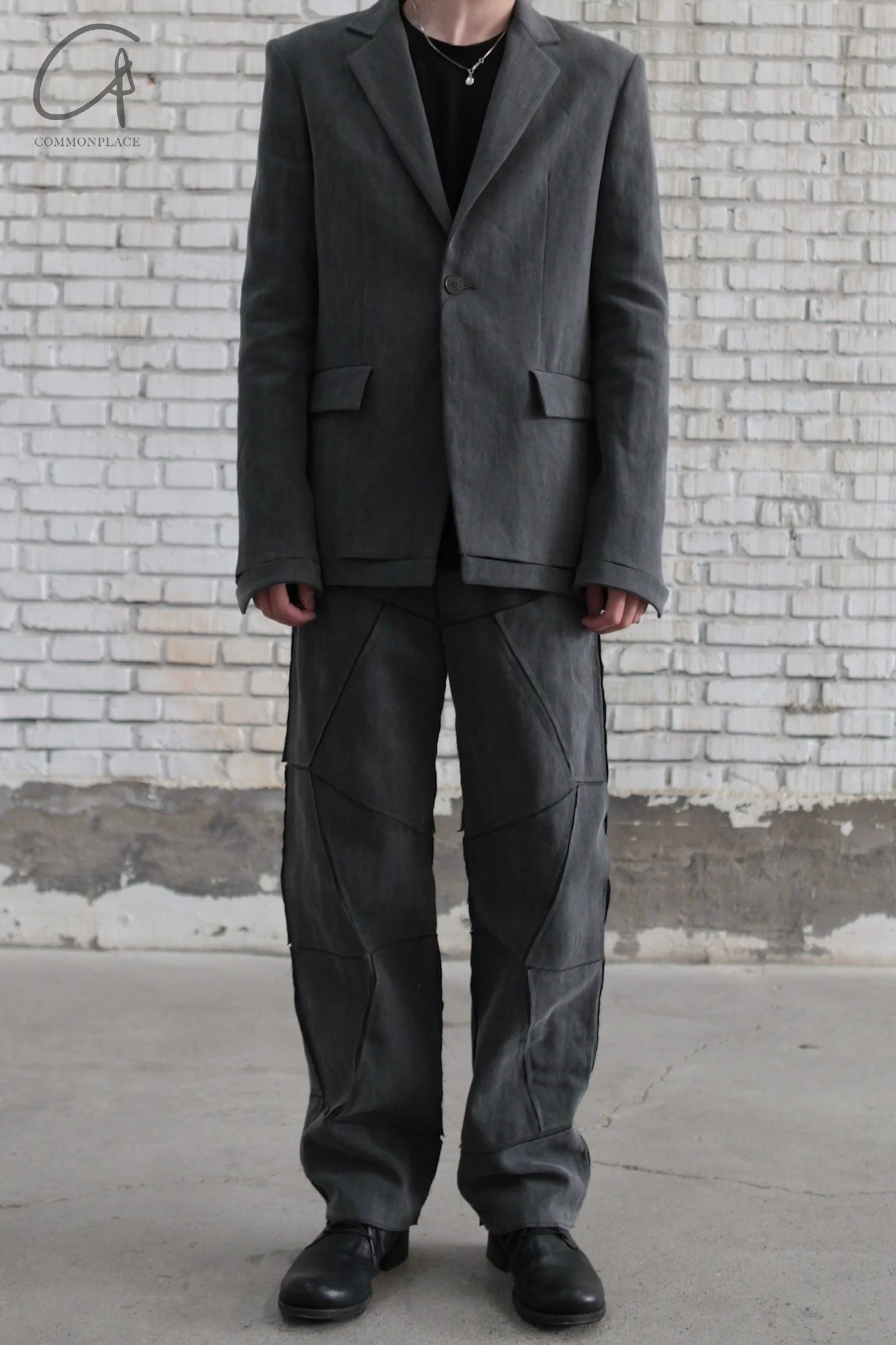 K`ANG 24 Autumn and Winter Unisex Pleated Waist Applique Wide-Sized Pants KANG-MW/P-012-SAP-OFF BLACK OFF BLACK - Image 10