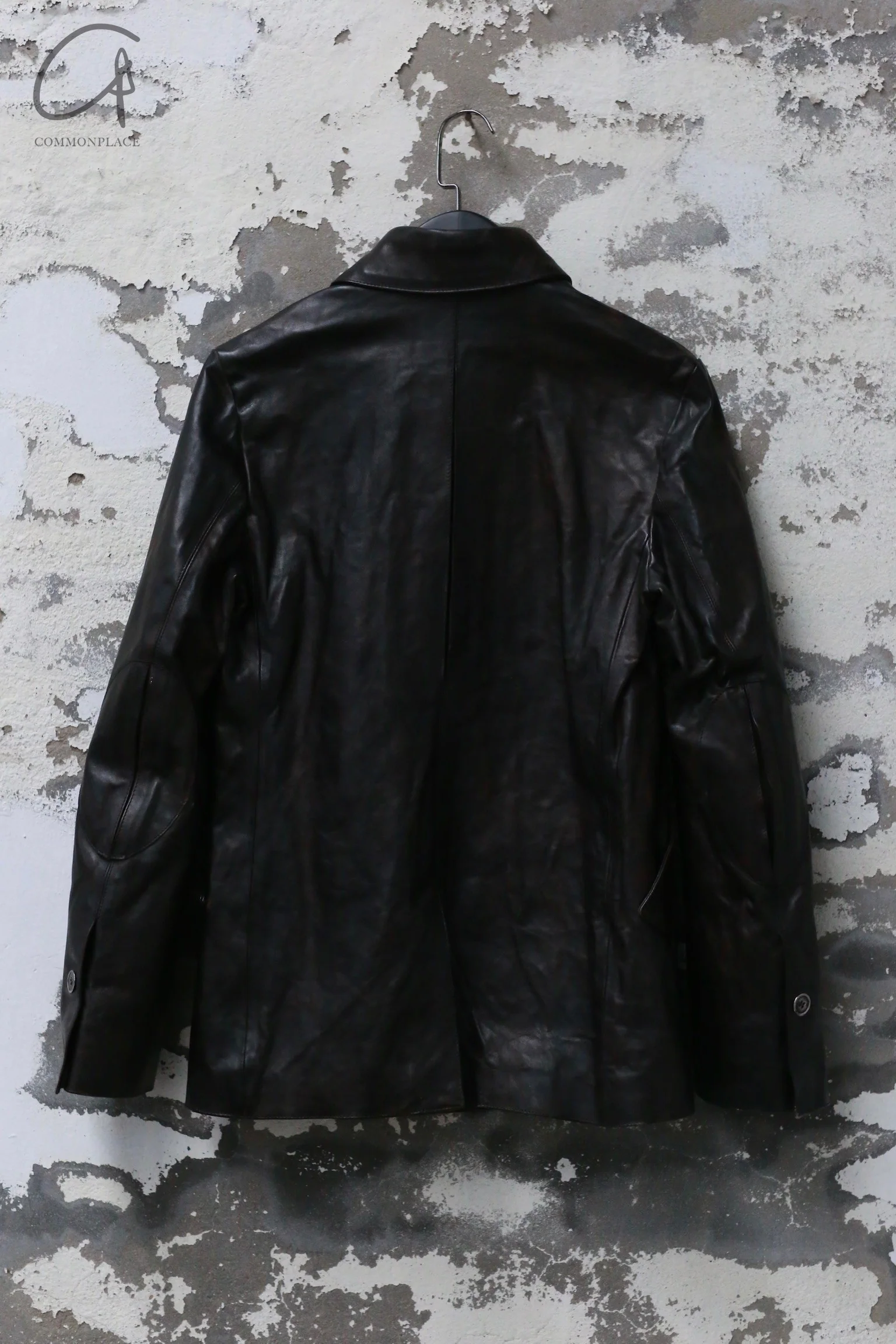 K`ANG 24 Fall/Winter Collection: Peacoat with layered horsehide leather on back and elbows (KANG-M/C-009-LY-OFF BLACK) - Image 4