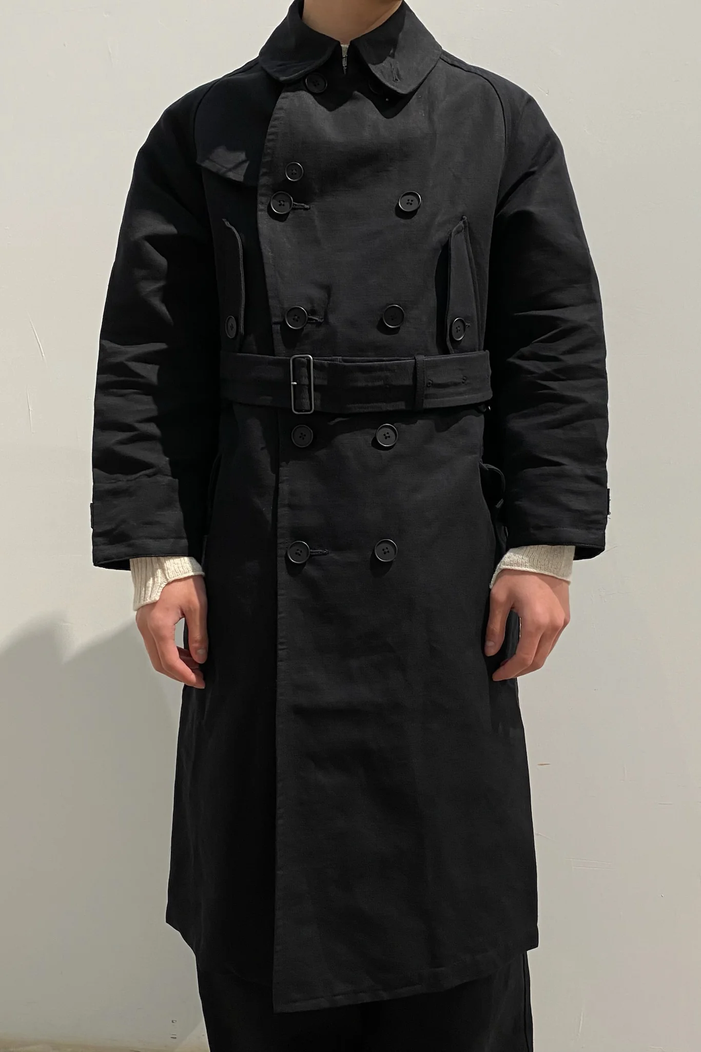KLASICA Double-breasted belted linen jacket Cotton Craftsman Handmade KLC-22C-59TRC-HEI Black - Image 2