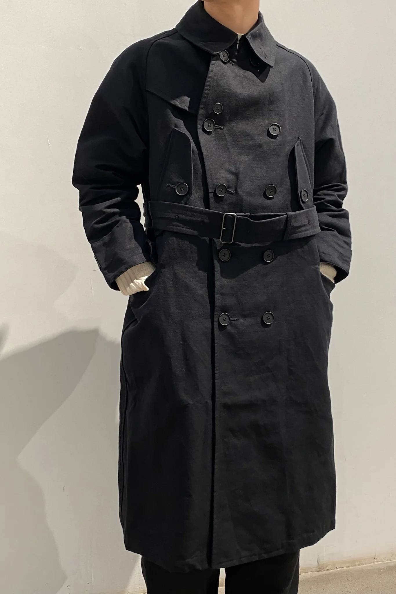 KLASICA Double-breasted belted linen jacket Cotton Craftsman Handmade KLC-22C-59TRC-HEI Black - Image 3
