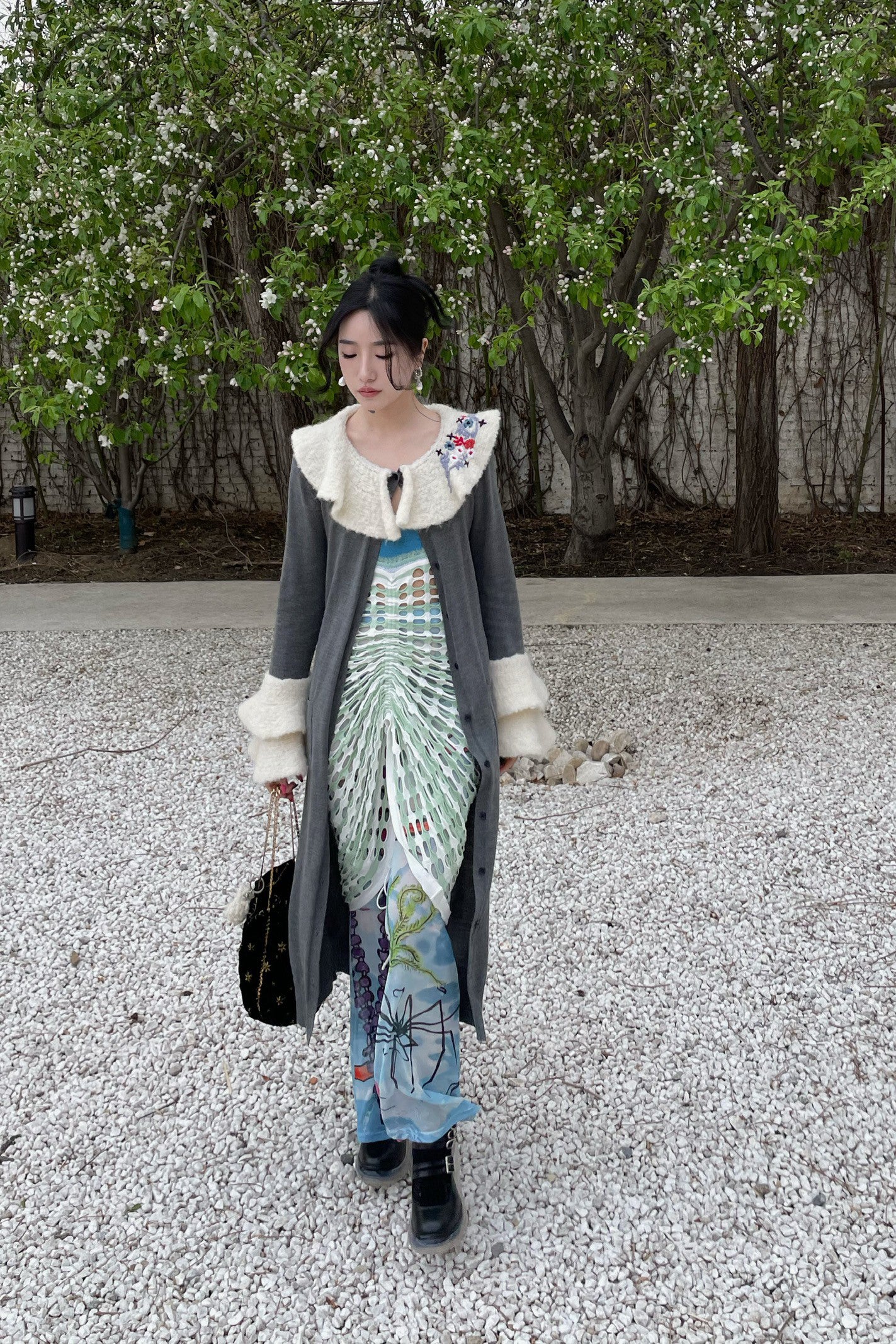 Louis Shengtao Chen Grey Embroidered Collar Wool Knit Long Cardigan 2250116 PLSC6 - Image 22