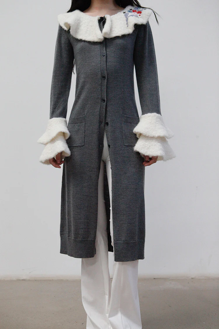 Louis Shengtao Chen Grey Embroidered Collar Wool Knit Long Cardigan 2250116 PLSC6 - Image 3