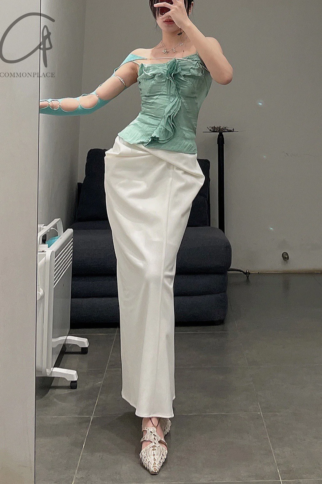 Louis Shengtao Chen Turquoise Water Wave Flower Sling Top 2251149 Mint Green PLSC14 - Image 4