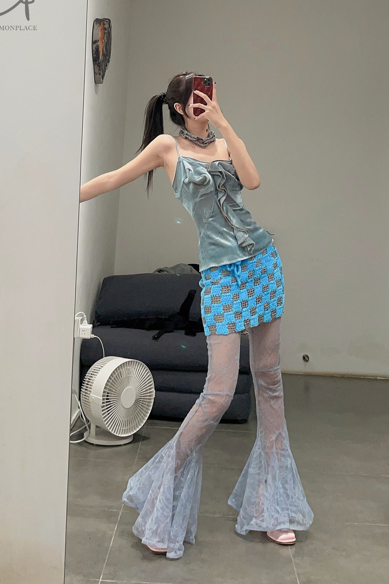 Louis Shengtao Chen Water Gloss Velvet Floral Sling Top 2252106 Blue - Image 8