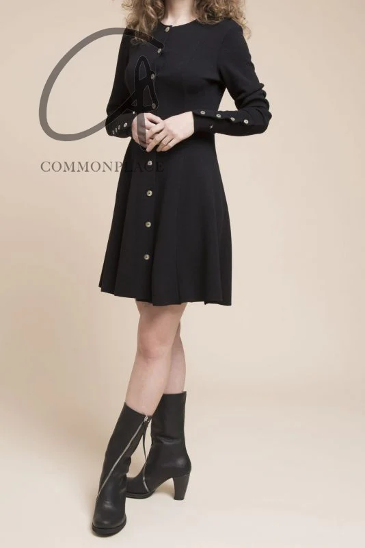 M.A+ round neck long -sleeved stitching dress D103DL/B jWM black - Image 15