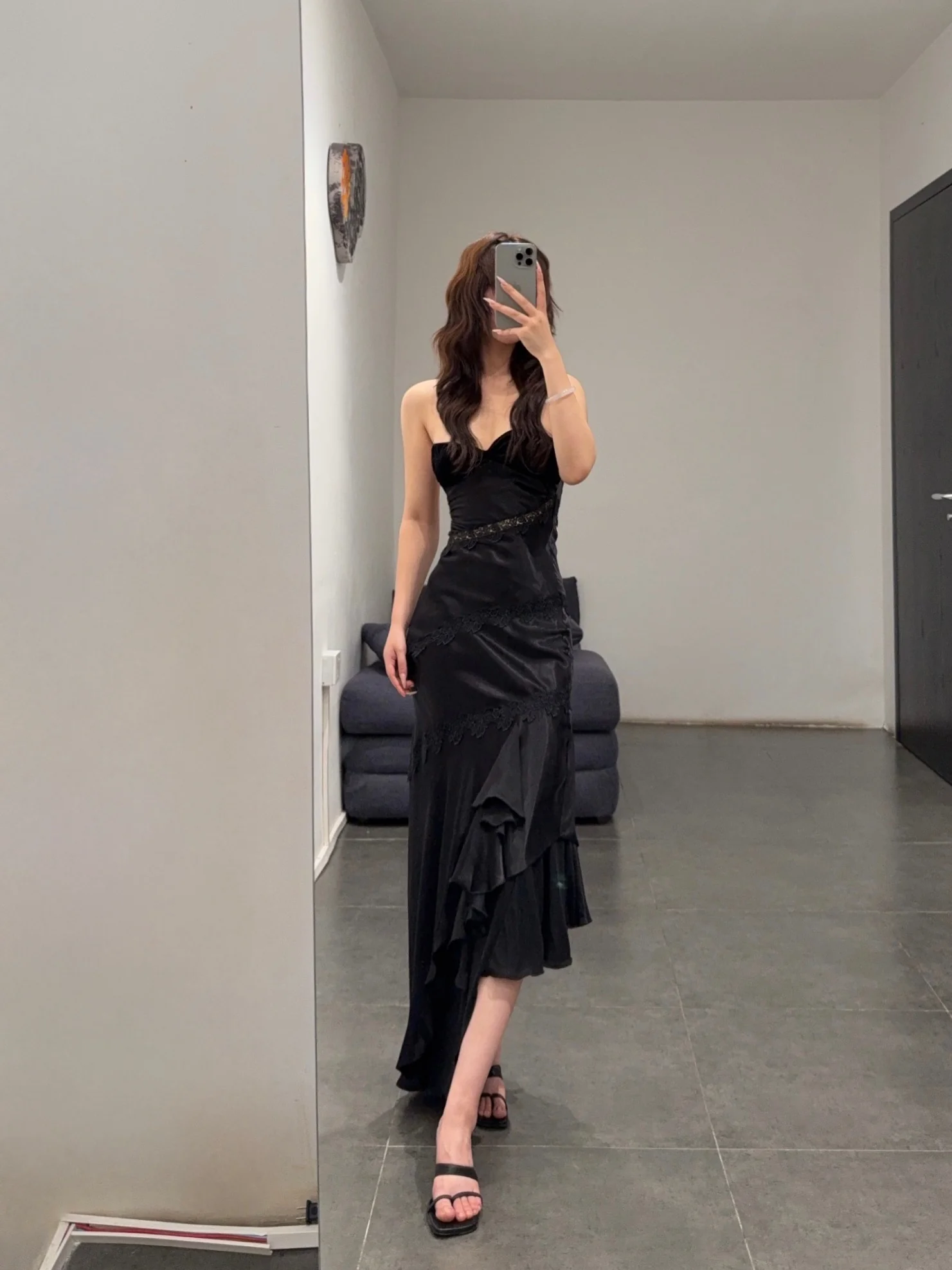 Maison Yiy Asymmetrical Lace Appliqué Strapless Dress MY-MY26SC01-1-Black - Image 11