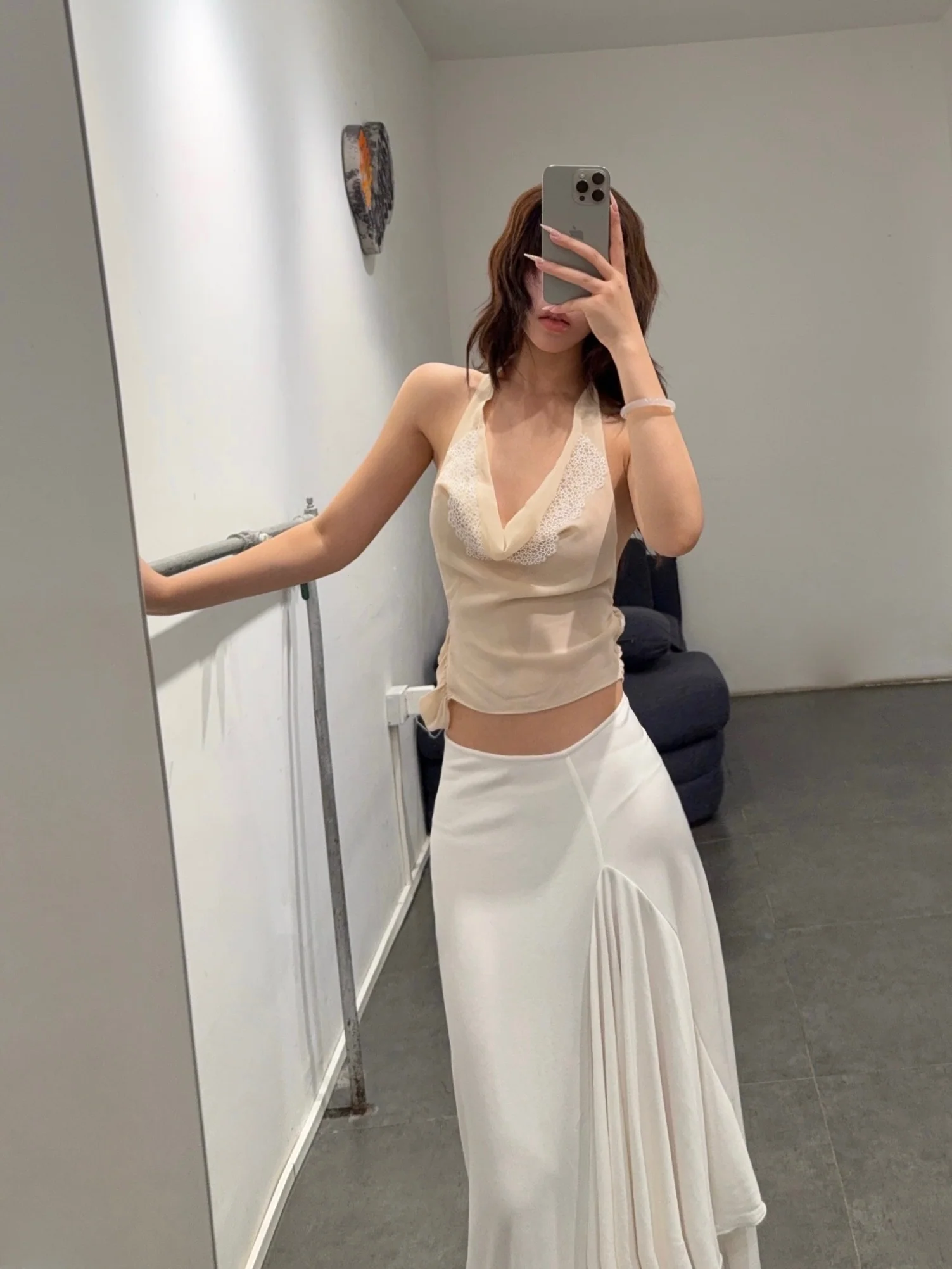 Maison Yiy draped backless tank top with stone embellishments MY-MY26SA05-1-Ivory - Image 12