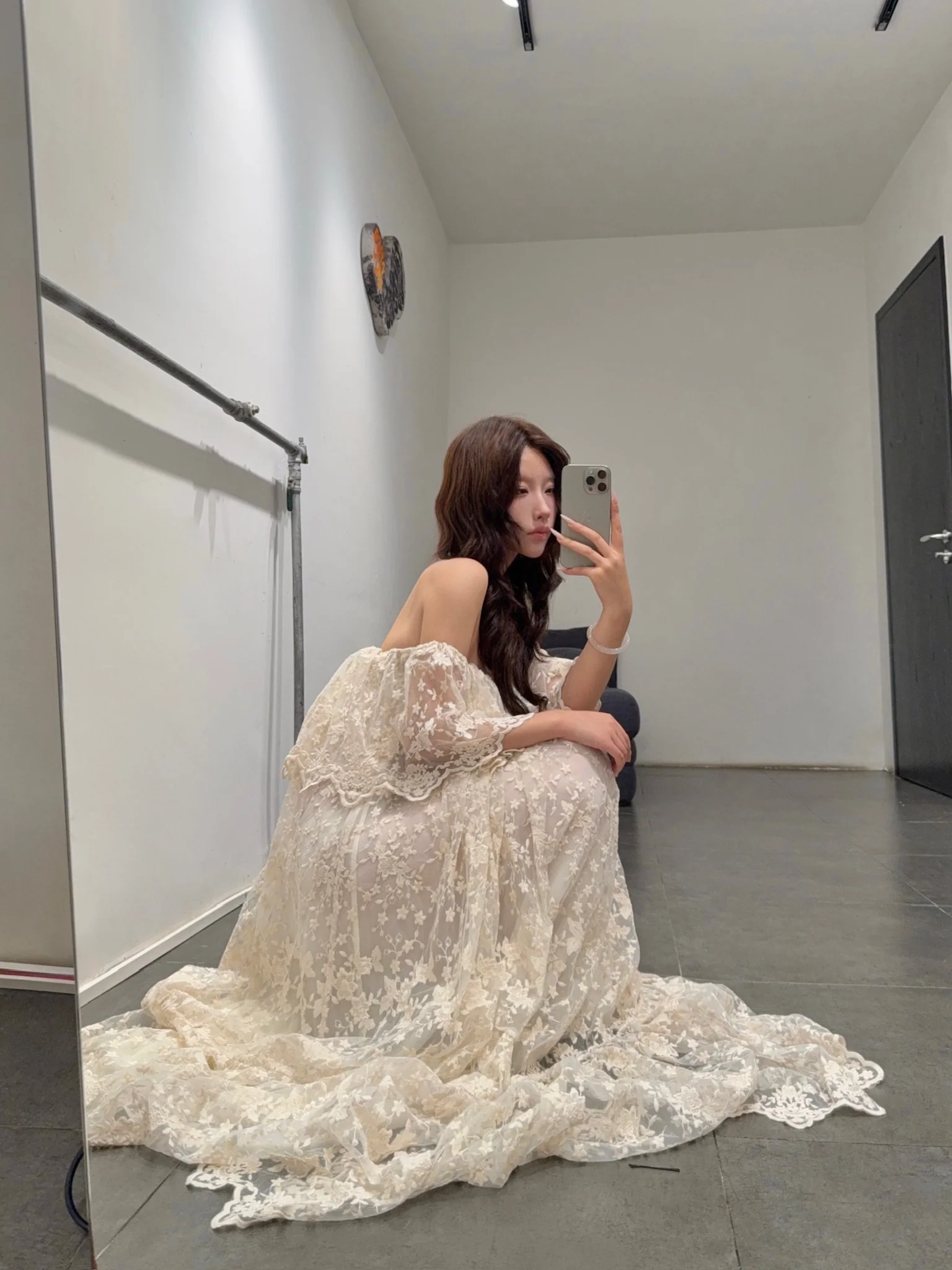 Maison Yiy Off-Shoulder Ruffled Lace Midi Dress MY-MY26SC05-1-Ivory - Image 7