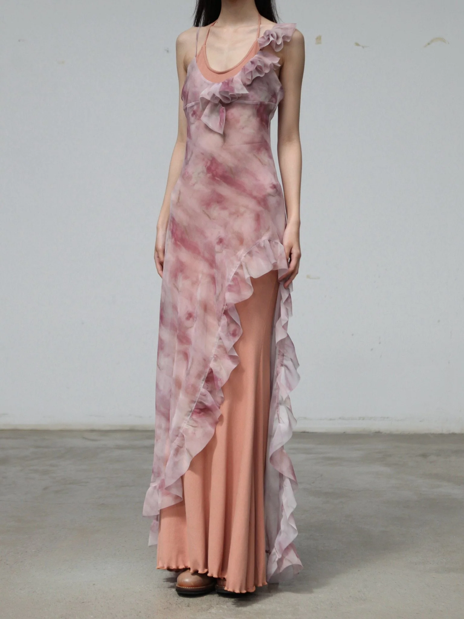 Maison Yiy Spring/Summer 2026 Asymmetrical Lace-Trimmed Maxi Dress MY-MYS26C11-1-Blush Rose - Image 3