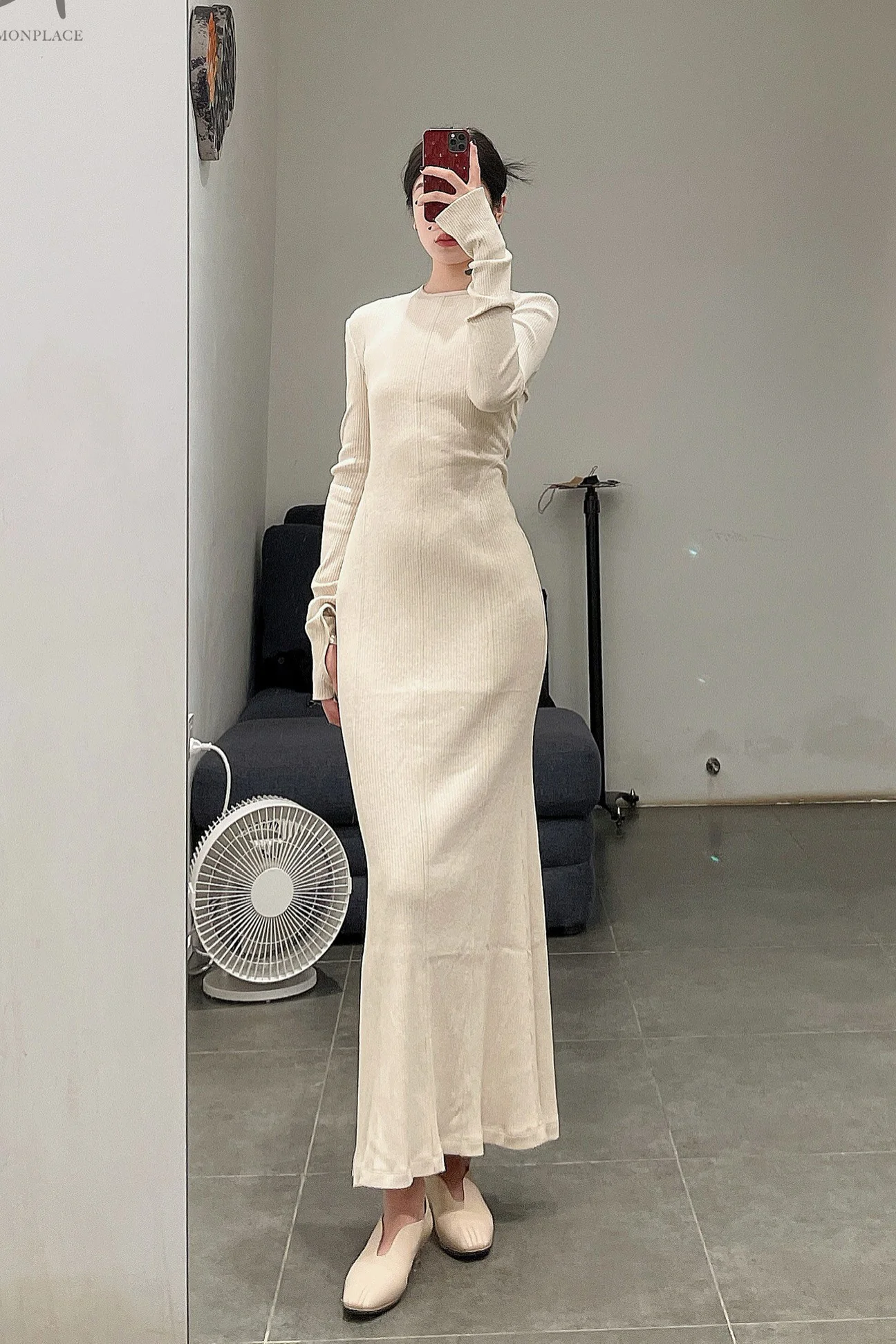 mame kurogouchi crew neck open back rib knit dress MM22SS JS026 beige - Image 13
