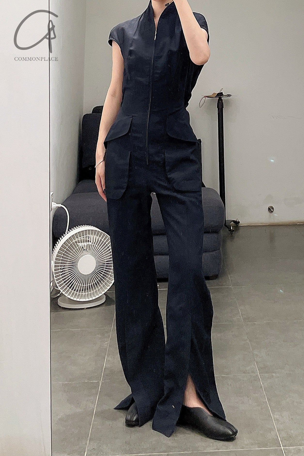 mame kurogouchi viscose hemp sleeveless skydiving suit MM22SS DR034 navy blue - Image 13