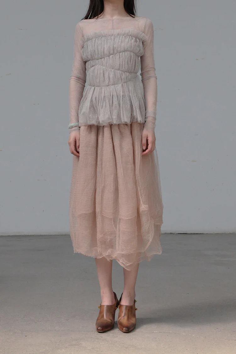 Marc Le Bihan Silk Skirt Six-layer Tulle 25930 Series French Hand-dyed MLB-25930-SKIN Skin Color - Image 19