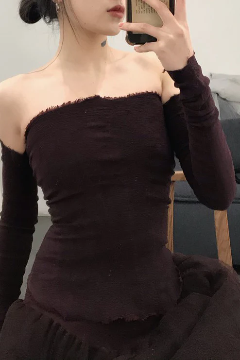 Marc Le Bihan 26916 Flat Shoulder Stretch Bottoming Tube Top T-Shirt French Handmade MLB-26916-JIUHONG Burgundy AUBERGINE - Image 6