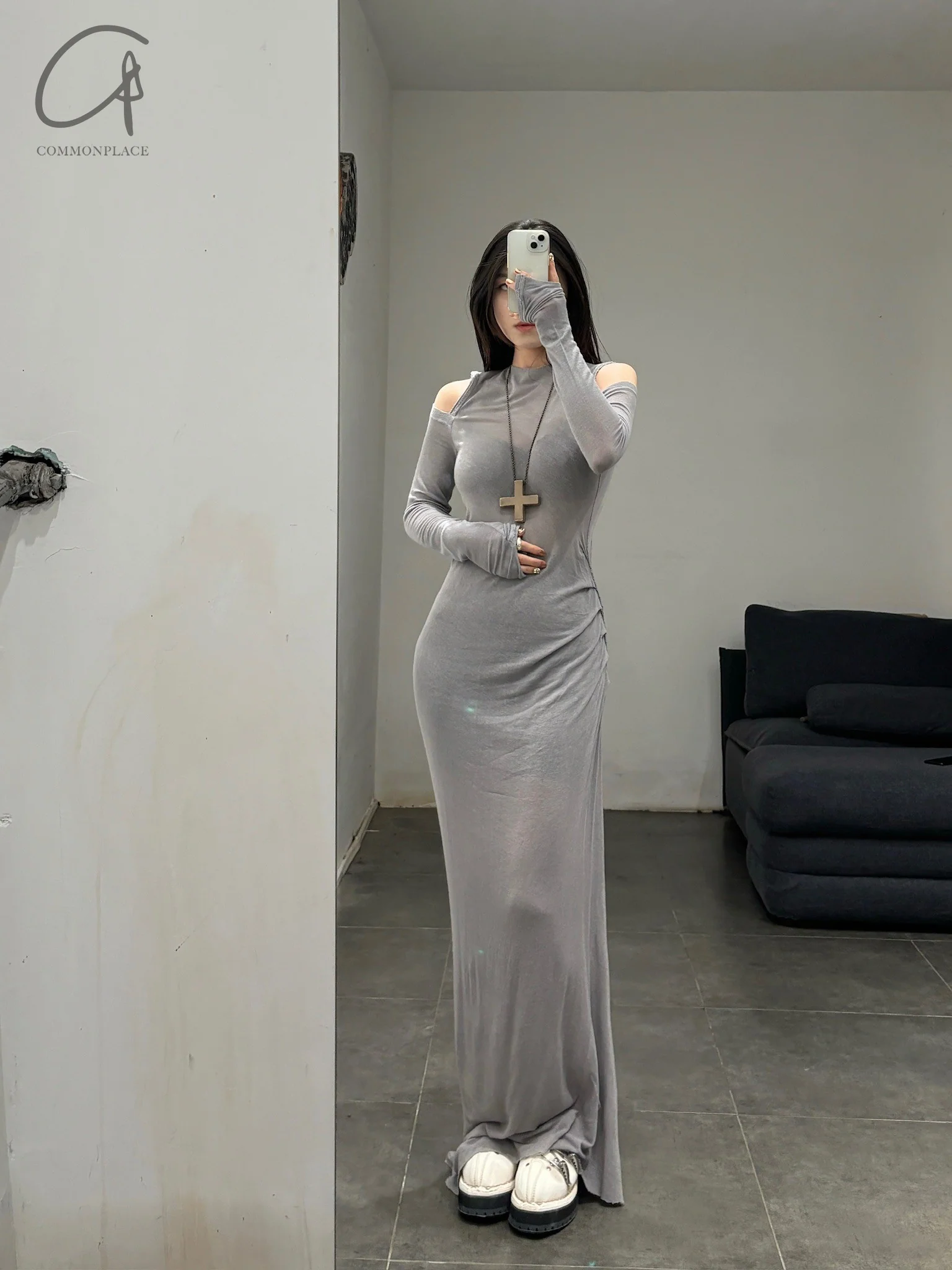 Marc Le Bihan 2842 Collection Off-the-shoulder T-shirt Long-sleeved Dress MLB-2842-H23-24-LIGHT GREY - Image 6