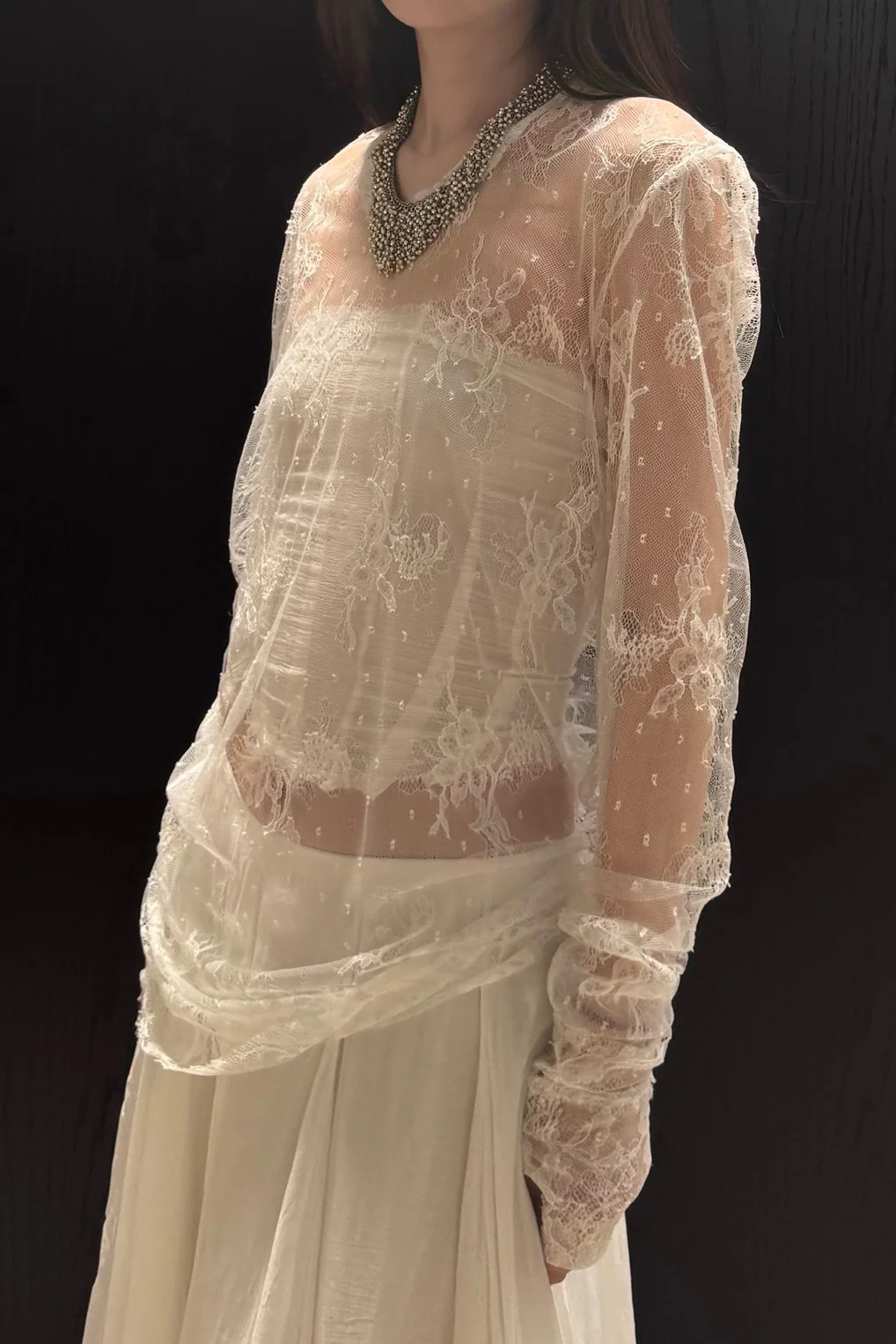 Marc Le Bihan Asymmetric Lace T-Shirt 28505 France MLB-28505-BAI White - Image 2