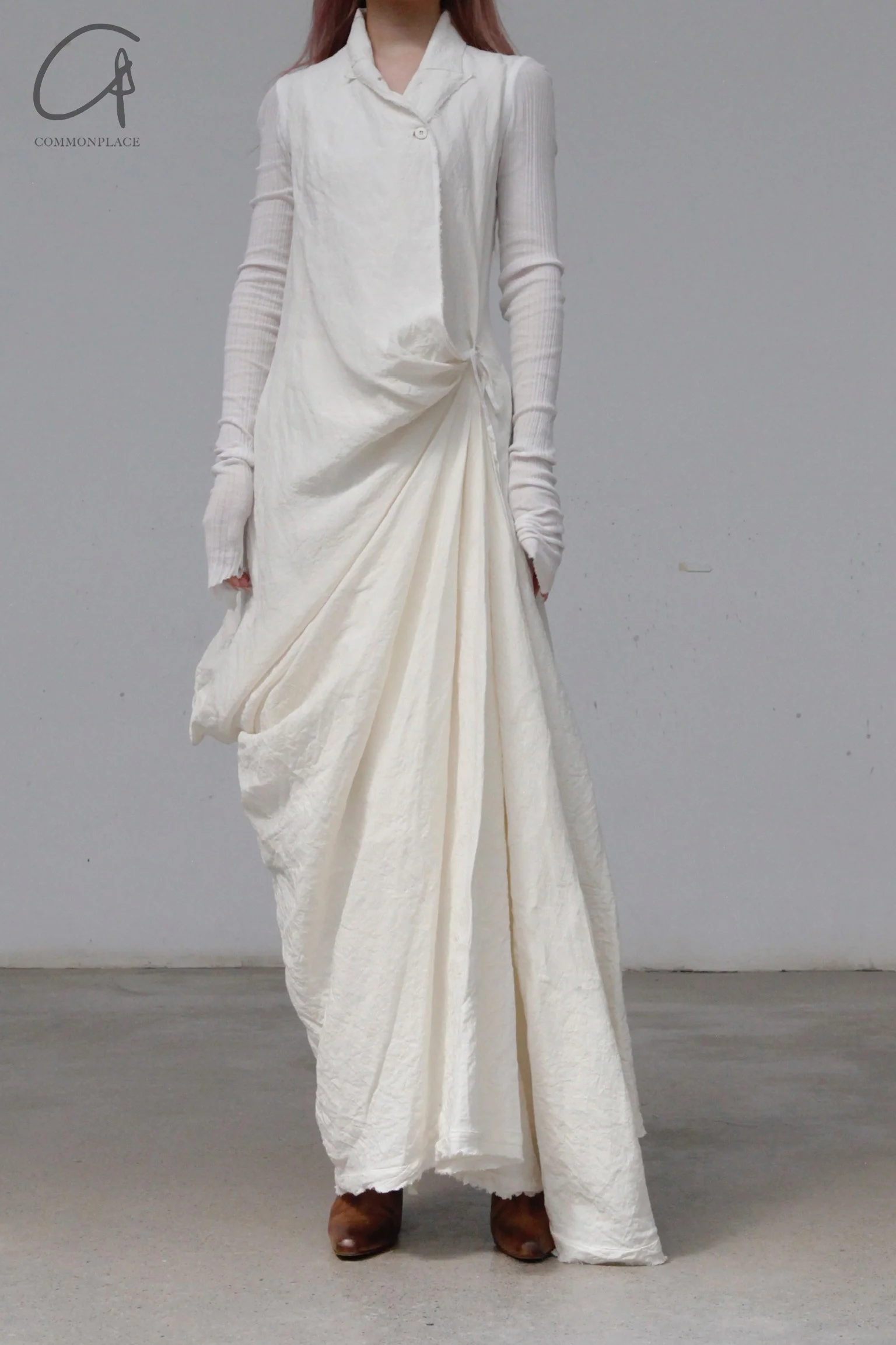 marc le bihan irregular long dress 2181 beige - Image 3