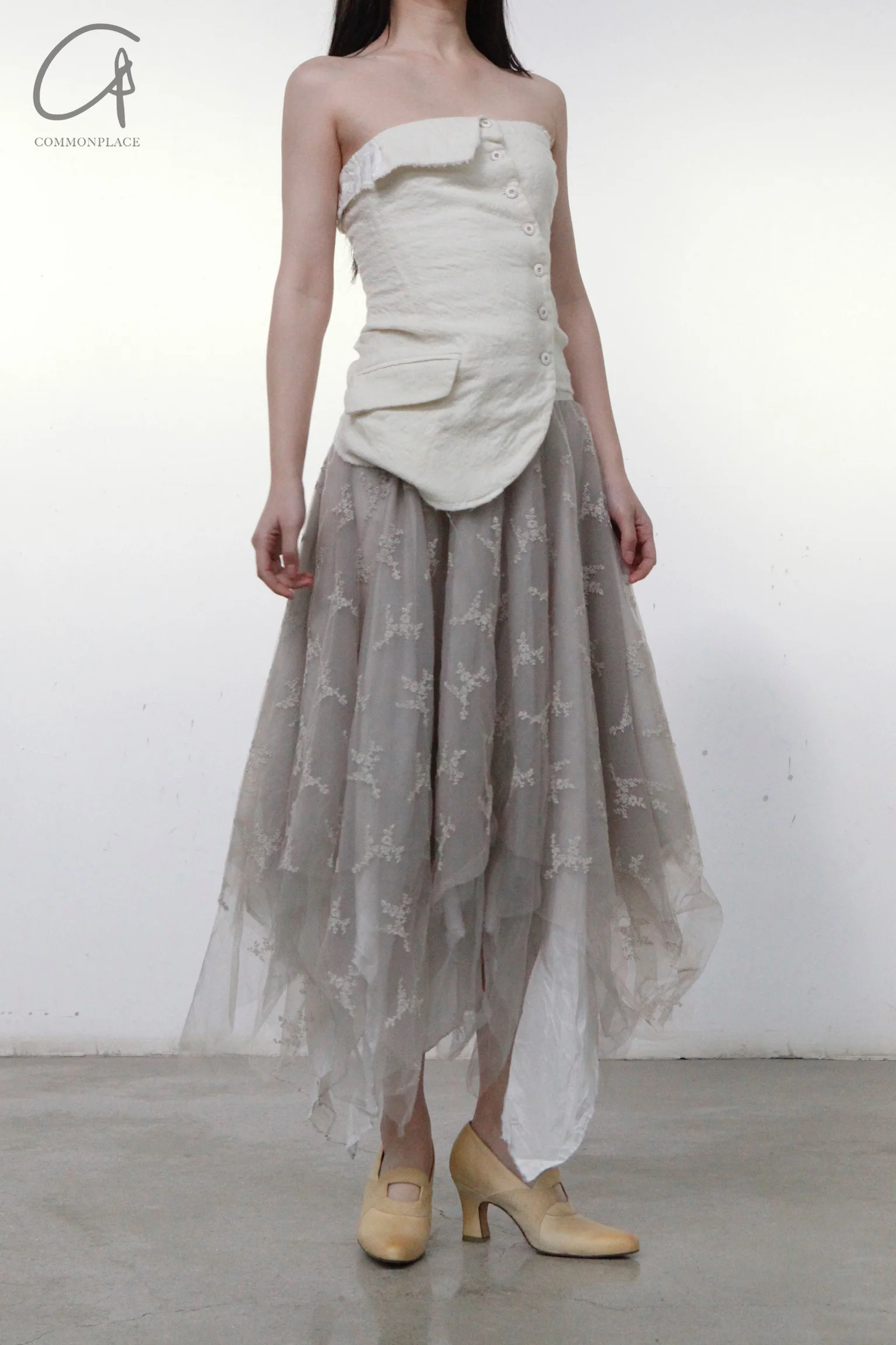 Marc Le Bihan lace embroidered skirt 2596 series plant dyeing France MLB-2596-ZZHUI PEARL GREY pearl gray lace embroidery - Image 6