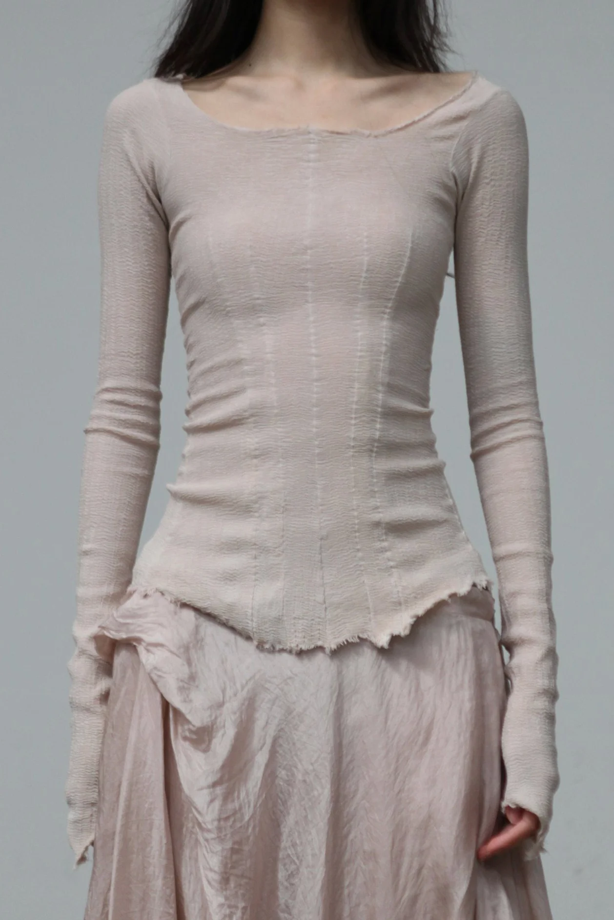 Marc Le Bihan Silk Shrinkable Classic Long-Sleeved Base Layer Top, Series 26900, French Handmade MLB-26900-POUDRE