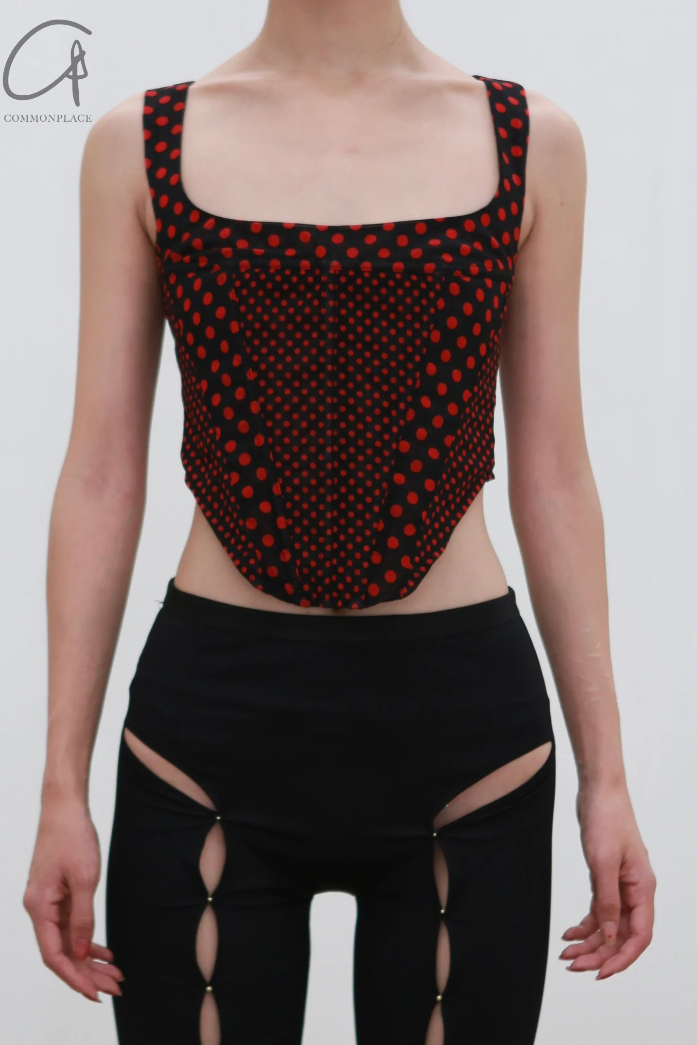 MIAOU 24 Autumn and Winter Square Neck Fishbone Polka Dot Vest MAU-7020PM3BPD-HYD Black Polka Dot