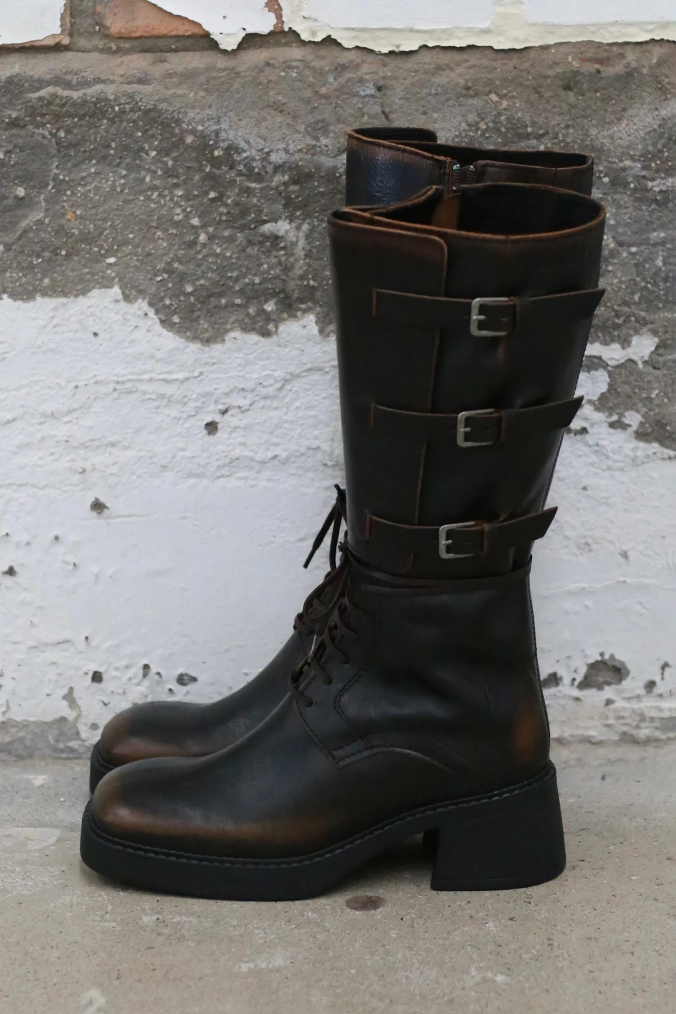 Miista Fall/Winter 2025 Lace-up Buckle Square Toe High Boots, Spain, MST-E8_3998-ZONG, Brown - Image 3