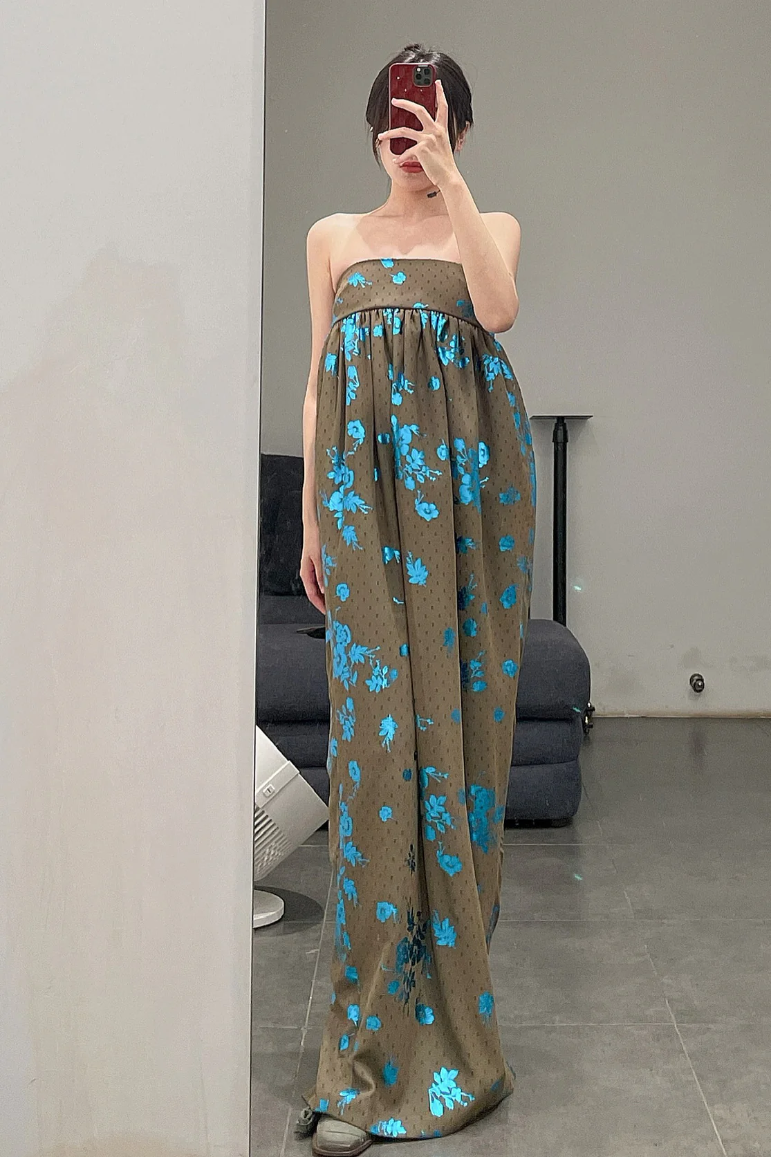 MING MA bronzing print tube top flower bud dress AW21-DR18-GNPP PMM4 - Image 7