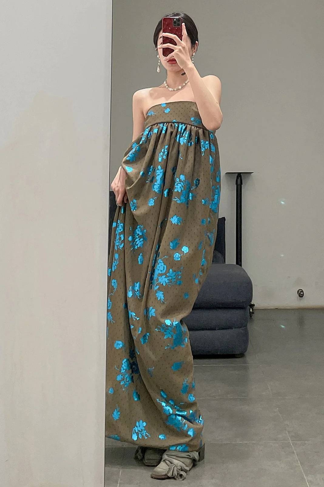 MING MA bronzing print tube top flower bud dress AW21-DR18-GNPP PMM4 - Image 9
