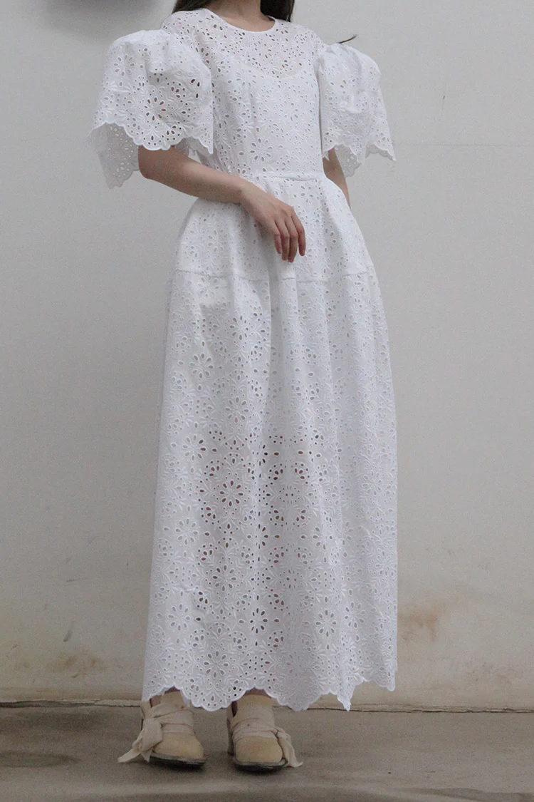MING MA Lace Puff Sleeve Flower Bud Dress (with petticoat) AW21-DR07-WTCT - Image 2