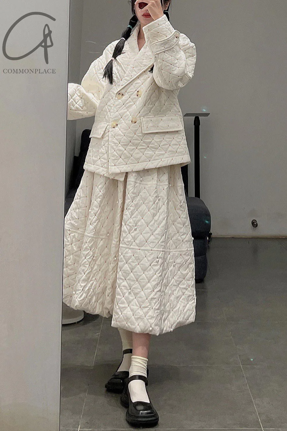 MING MA Pearl Diamond Check Jacquard Flower Bud Dress AW21 SK04-WTJAC - Image 9