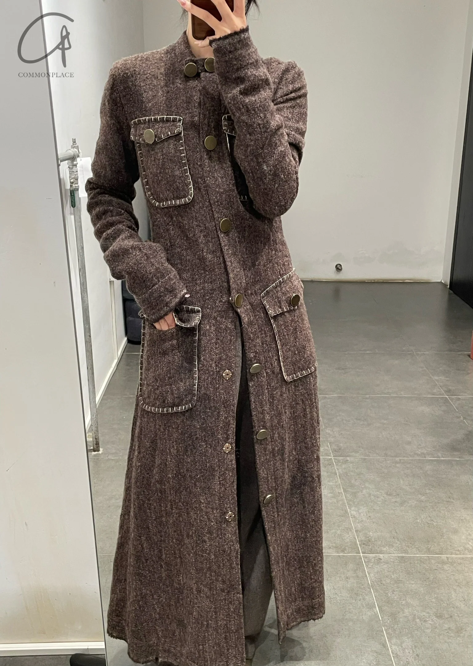 Mutedance 24 Autumn and Winter Button Slim Fit Wool Long Coat MD-MD24FW14-BROWN - Image 14