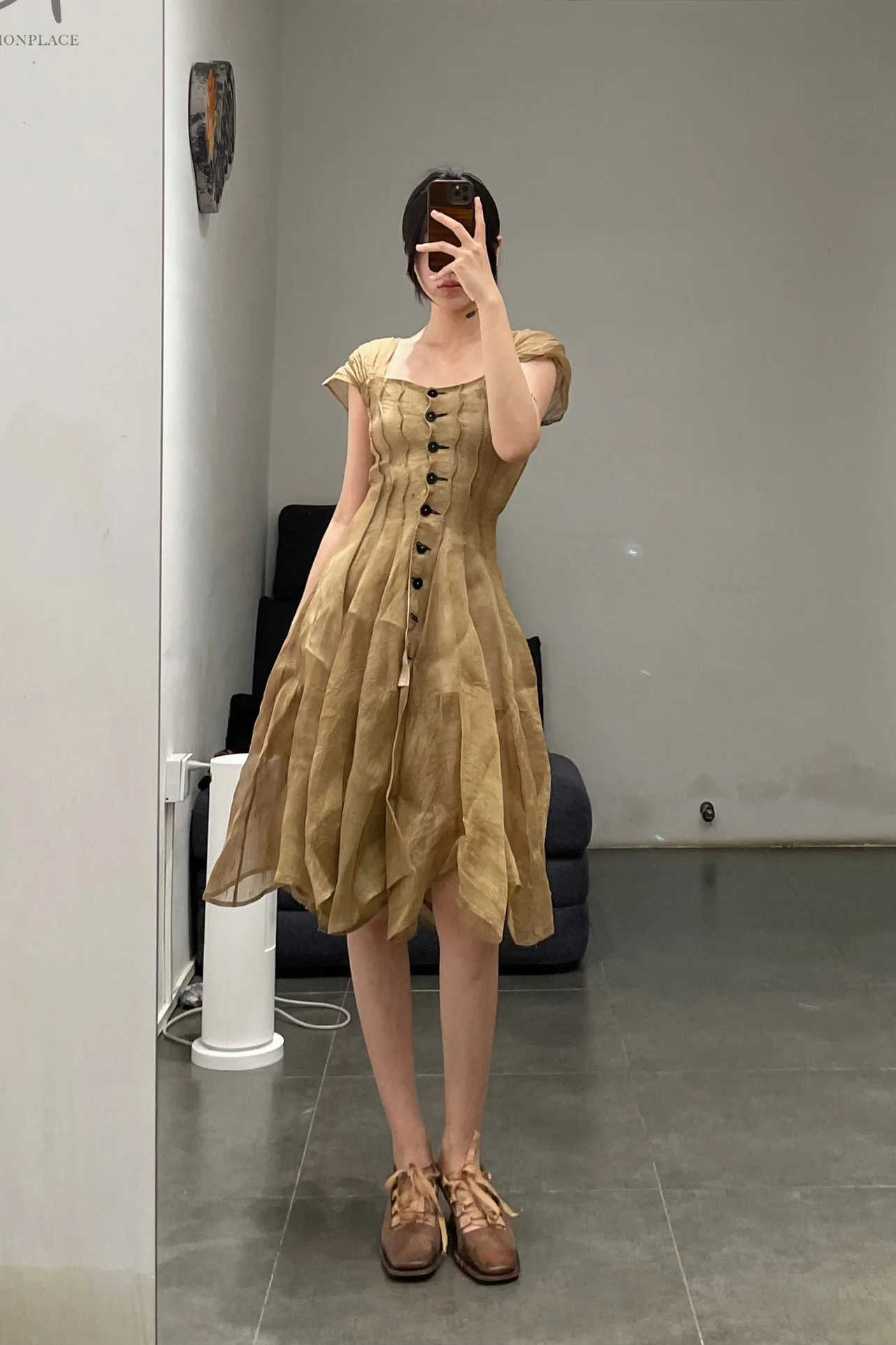 Mutedance 24 Spring/Summer Shell Sleeve Waist Short Dress MD-MD24SS17-KHAKI PM138 - Image 13