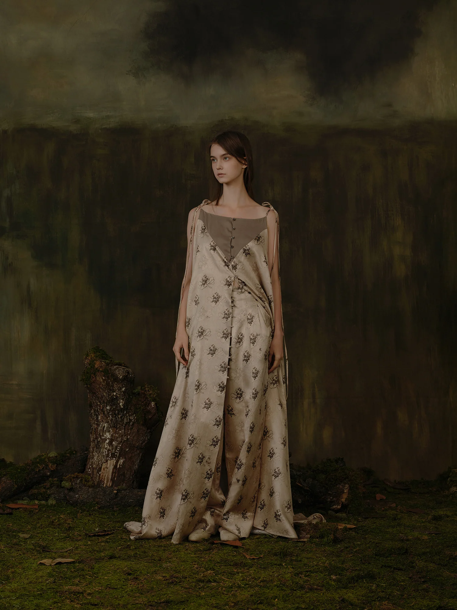 Mutedance 25 Autumn and Winter Splicing Suspender Dress Flower Dye MD-MD25FW118-khaki - Image 10