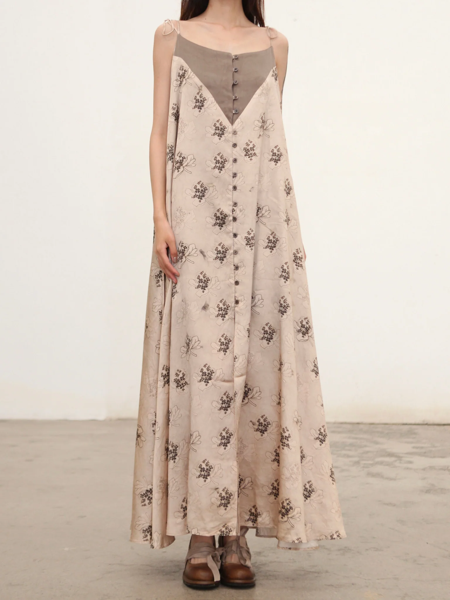 Mutedance 25 Autumn and Winter Splicing Suspender Dress Flower Dye MD-MD25FW118-khaki - Image 3