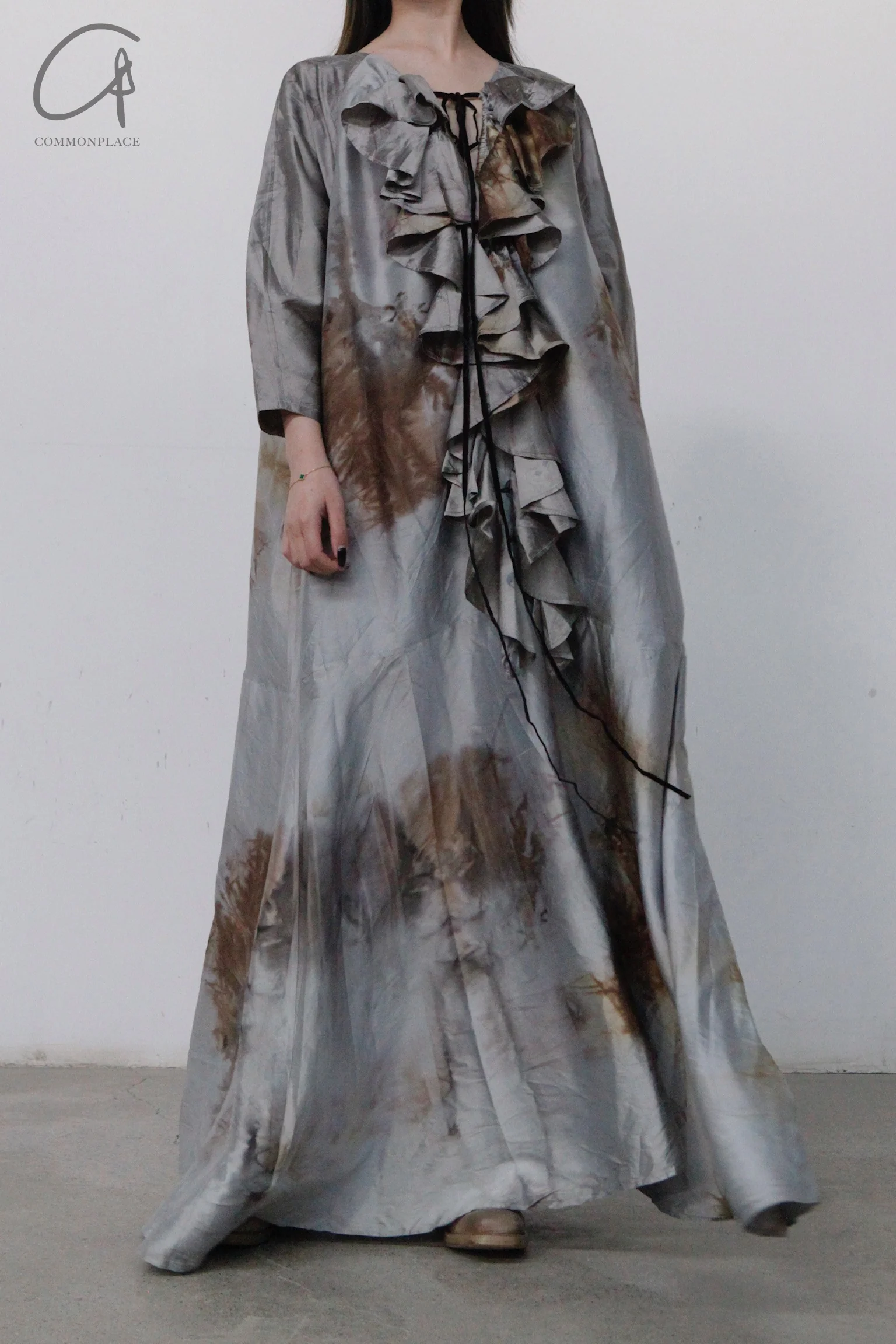 MUTEDANCE pile flower real silk dress md22FW50 gray green PM48 - Image 2