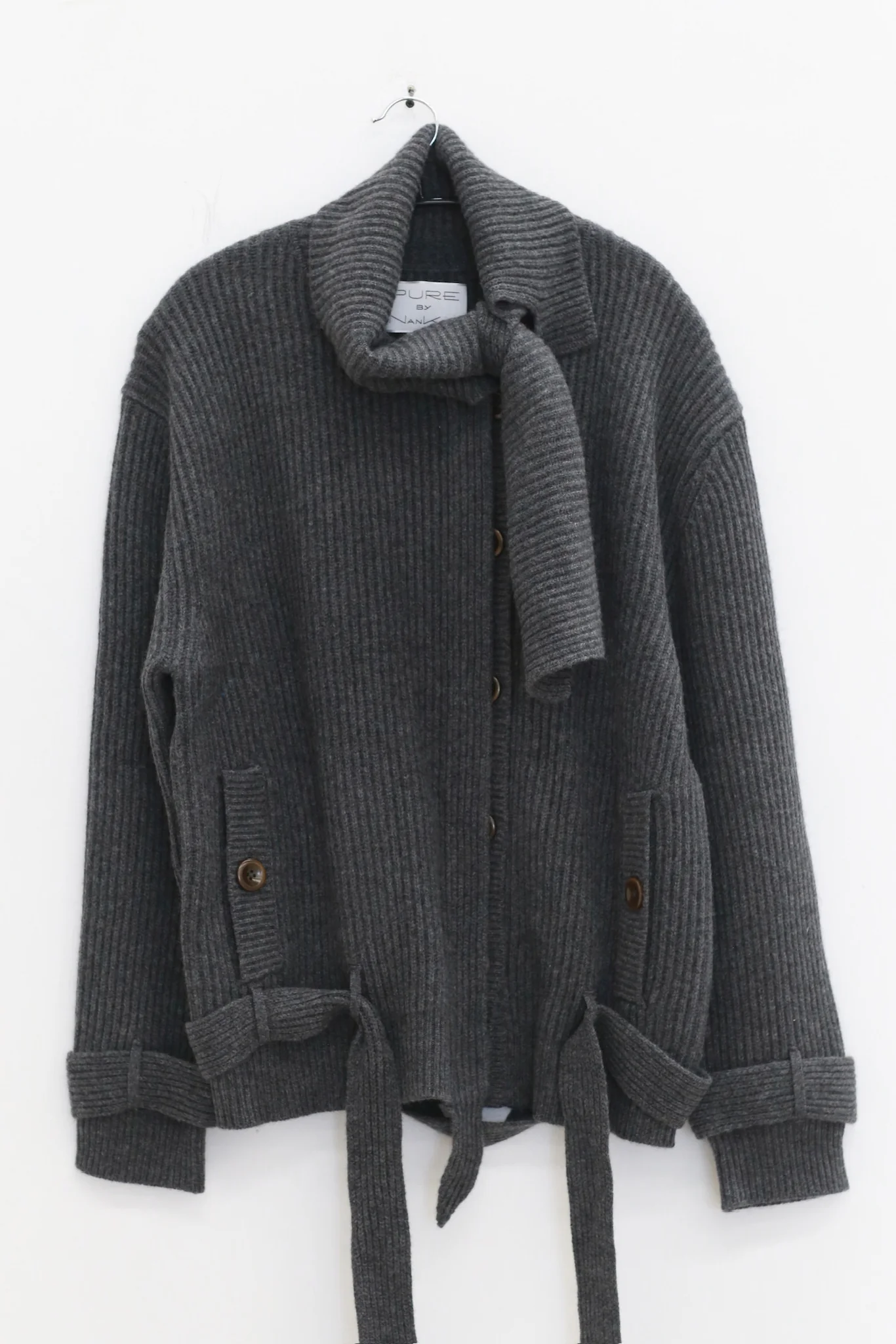 NAN KNITS 25 Autumn and Winter Ribbon Collar Slant Lapel Jacket NAN-N25AWCOA07GRA-SHENHUI Dark Gray - Image 5