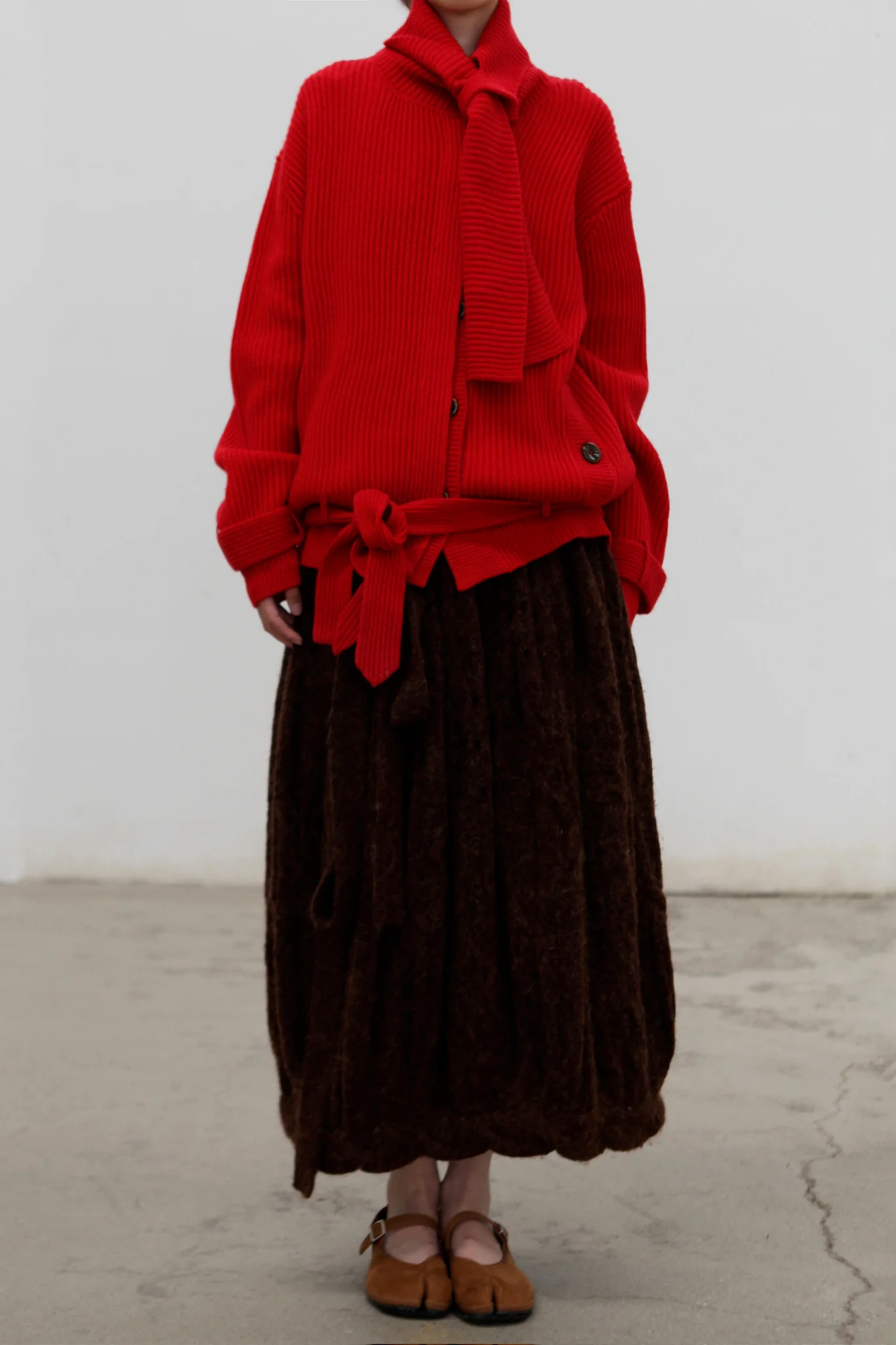 NAN KNITS 25 Autumn and Winter Ribbon Collar Slant Lapel Jacket NAN-N25AWCOA07RED-HONG Red - Image 2